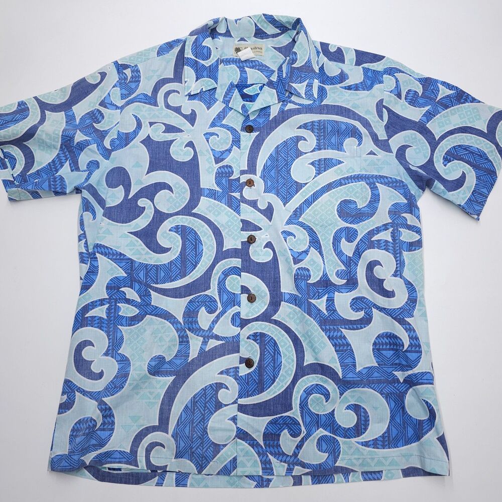 Vintage Monstera Shirt Mens XL Blue Tribal Hawaiian Island Camp Short Sleeve